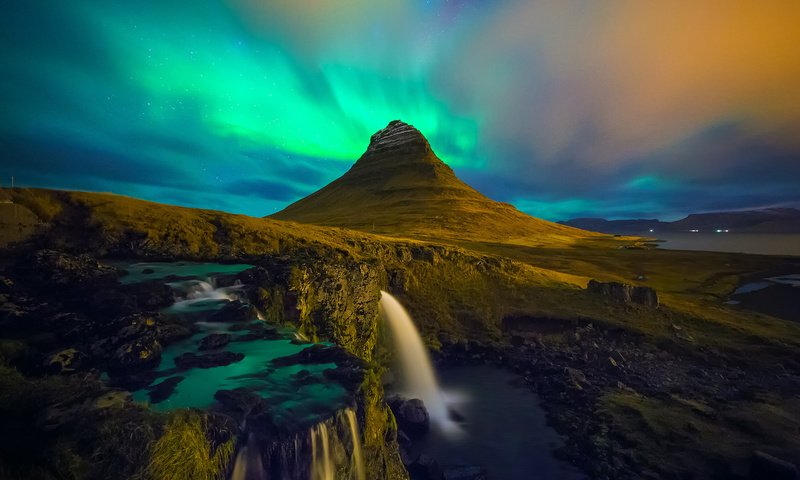 Обои водопад, исландия, aurora borealis, киркьюфетль, waterfall, iceland, kirkjufell разрешение 1920x1200 Загрузить