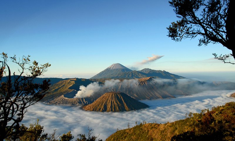 Обои деревья, горы, туман, вид, вулкан, trees, mountains, fog, view, the volcano разрешение 2560x1600 Загрузить