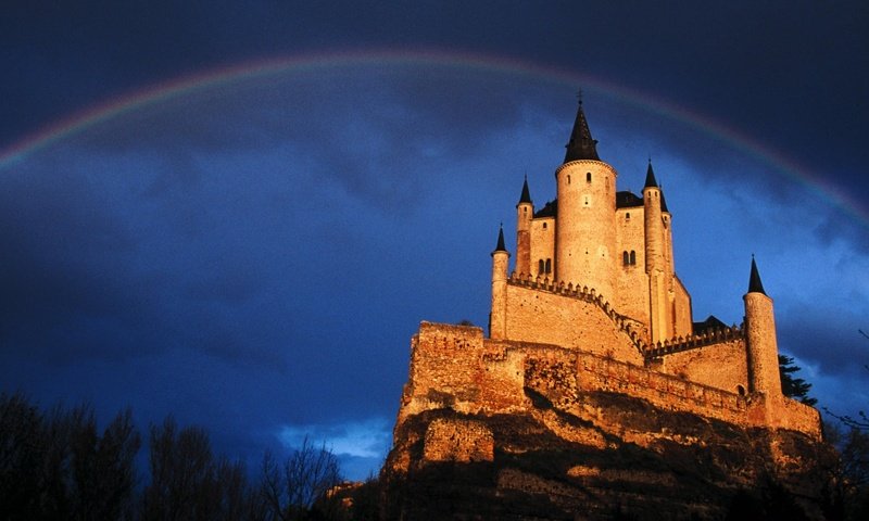 Обои фото замка из оранжевого камня и радуги, photo of the castle from the orange stone and the rainbow разрешение 1920x1080 Загрузить