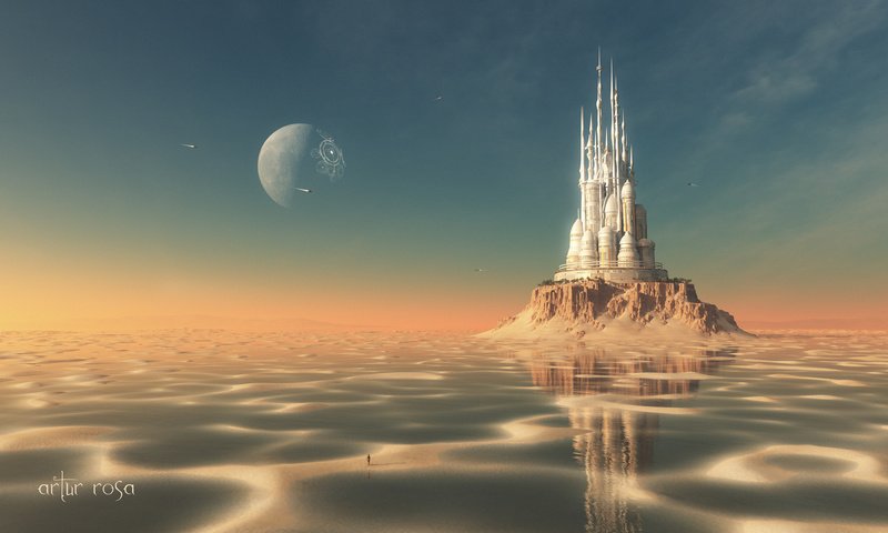 Обои вода, песок, планета, замок, остров, мель, рендер, water, sand, planet, castle, island, stranded, render разрешение 1920x1080 Загрузить