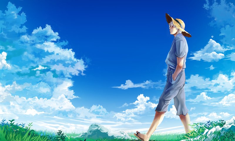 Обои небо, облака, парень, луг, шляпа, sakata gintoki, гинтама, the sky, clouds, guy, meadow, hat, gintama разрешение 2560x1600 Загрузить