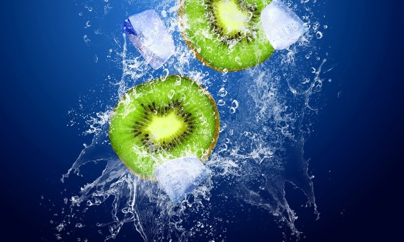 Обои вода, капли, фрукты, лёд, брызги, киви, water, drops, fruit, ice, squirt, kiwi разрешение 5500x3241 Загрузить