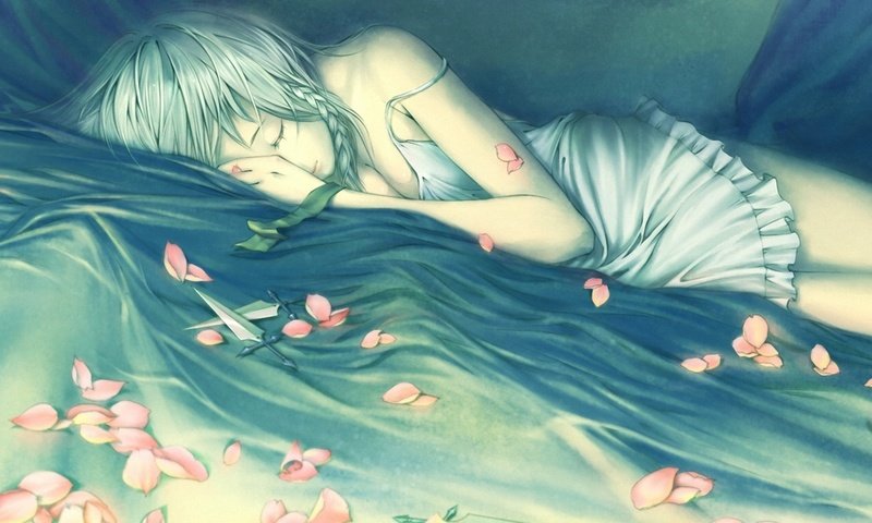 Обои рисунок, девушка, лепестки, спит, нож, постель, лежа, косички, figure, girl, petals, sleeping, knife, bed, lying, braids разрешение 1920x1080 Загрузить