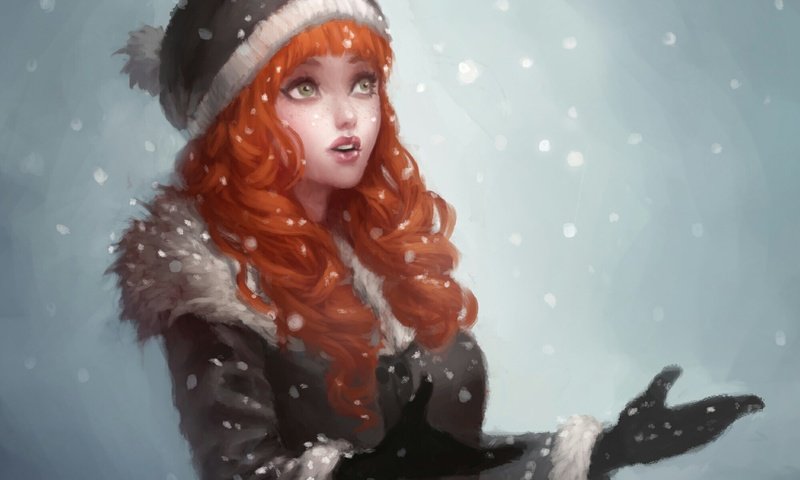 Обои арт, рисунок, снег, девушка, снежинки, рыжеволосая, art, figure, snow, girl, snowflakes, redhead разрешение 2000x1332 Загрузить