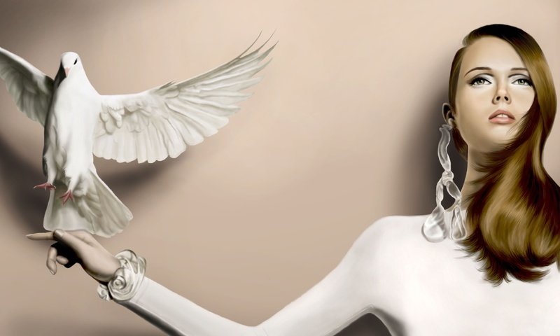 Обои арт, рука, девушка, волосы, голубь, сёрьги, art, hand, girl, hair, dove, earrings разрешение 3480x1943 Загрузить