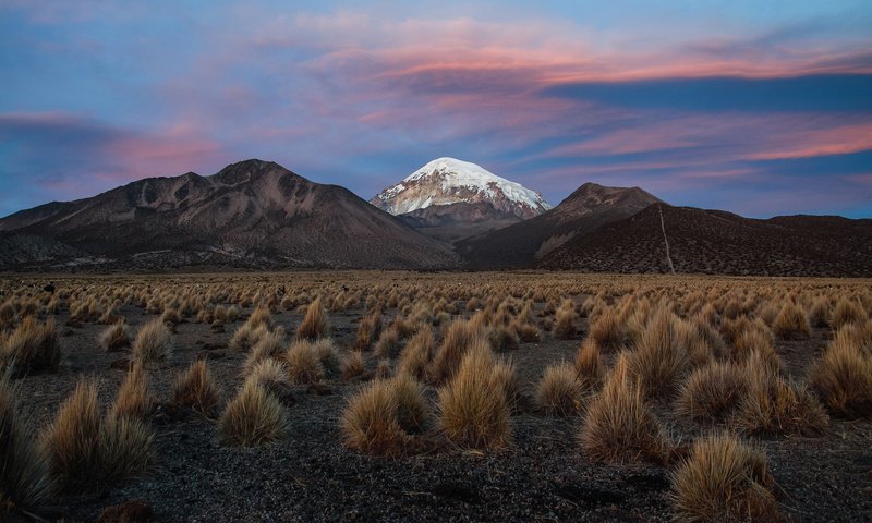 Обои небо, вечер, горы, снег, кусты, боливия, the sky, the evening, mountains, snow, the bushes, bolivia разрешение 2048x1365 Загрузить