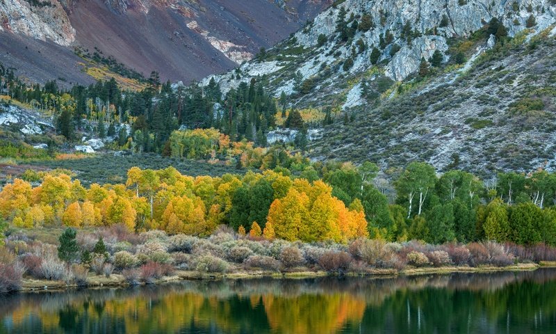 Обои деревья, озеро, горы, камни, осень, trees, lake, mountains, stones, autumn разрешение 2048x1314 Загрузить