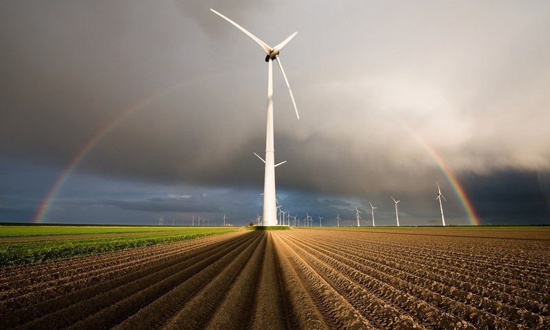 Обои поля, радуга, нидерланды, голландия, ветряные генераторы, field, rainbow, netherlands, holland, wind generators разрешение 2048x1367 Загрузить