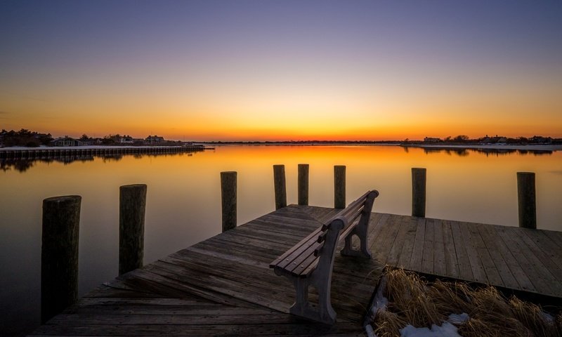 Обои озеро, закат, горизонт, мост, скамья, lake, sunset, horizon, bridge, bench разрешение 2583x1622 Загрузить