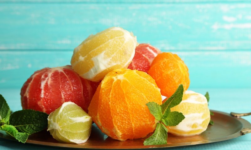 Обои мята, фрукты, апельсины, мандарины, лимоны, цитрусы, грейпфрут, очищенные, mint, fruit, oranges, tangerines, lemons, citrus, grapefruit, cleaned разрешение 5517x3631 Загрузить