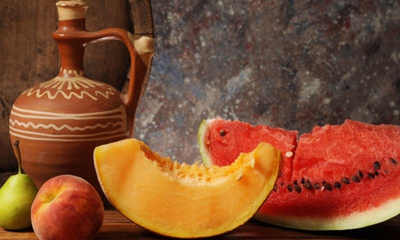 Обои фрукты, арбуз, яблоко, кувшин, персик, натюрморт, груша, дыня, fruit, watermelon, apple, pitcher, peach, still life, pear, melon разрешение 1920x1370 Загрузить