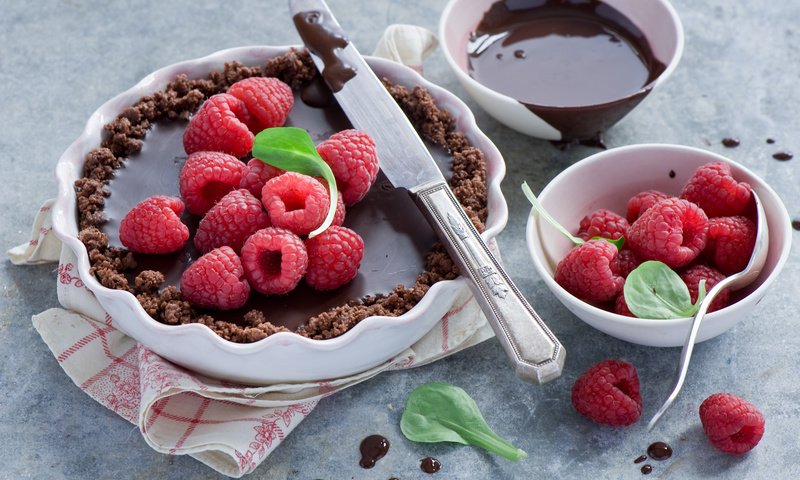 Обои малина, ягоды, шоколад, сладкое, десерт, пирог, raspberry, berries, chocolate, sweet, dessert, pie разрешение 2000x1331 Загрузить