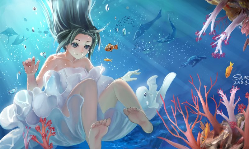 Обои арт, девушка, улыбка, рыбки, пузыри, аниме, под водой, shon, art, girl, smile, fish, bubbles, anime, under water разрешение 2340x1355 Загрузить