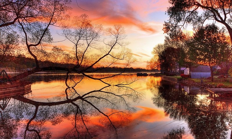 Обои небо, река, дерево, берег, закат, отражение, the sky, river, tree, shore, sunset, reflection разрешение 2048x1152 Загрузить