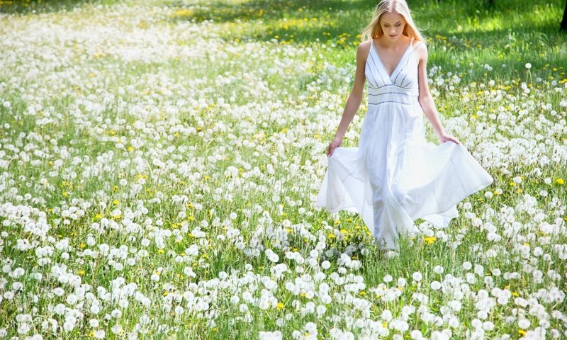 Обои цветы, девушка, платье, блондинка, поле, одуванчики, flowers, girl, dress, blonde, field, dandelions разрешение 1920x1200 Загрузить