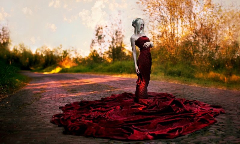 Обои дорога, девушка, фон, блондинка, красное платье, road, girl, background, blonde, red dress разрешение 1920x1200 Загрузить