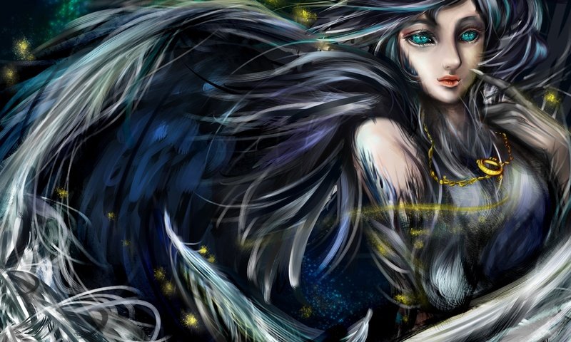 Обои арт, девушка, фэнтези, крылья, перья, кулон, цепочка, art, girl, fantasy, wings, feathers, pendant, chain разрешение 2800x2250 Загрузить