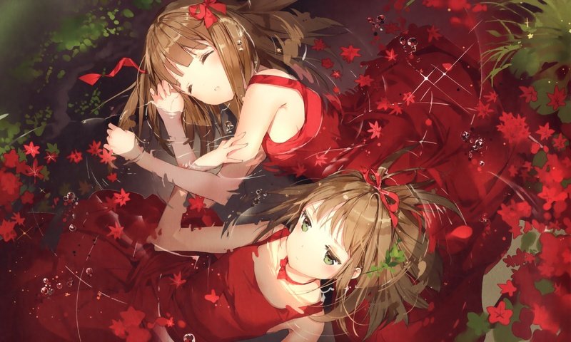 Обои цветы, арт, вода, пузыри, аниме, девушки, бантики, anmi, flowers, art, water, bubbles, anime, girls, bows разрешение 3482x2077 Загрузить