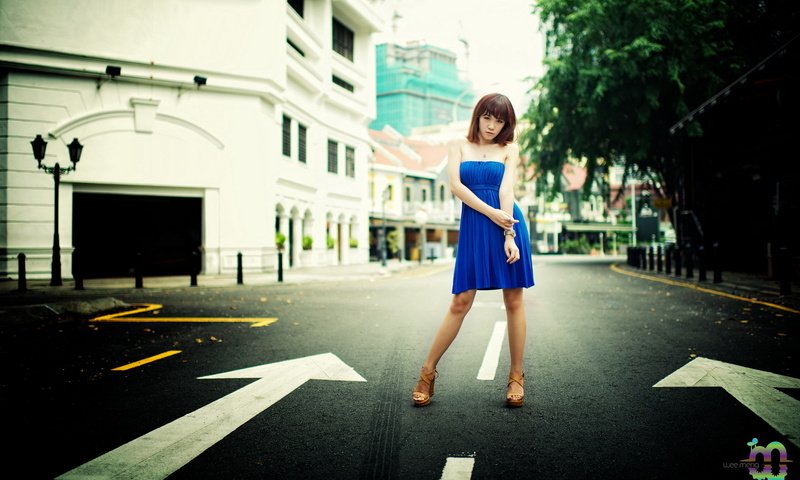 Обои девушка, поза, взгляд, улица, лицо, азиатка, pinkiee hwang, синие платье, girl, pose, look, street, face, asian, blue dress разрешение 1920x1200 Загрузить