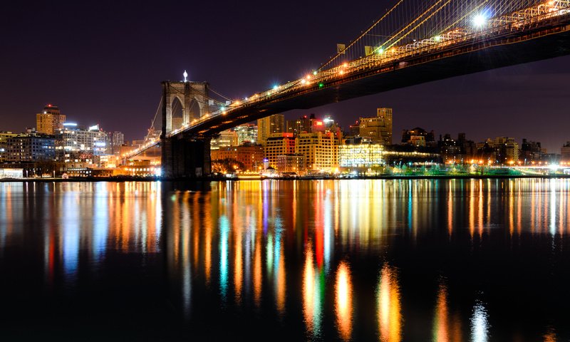 Обои ночь, река гудзон, огни, отражение, зеркало, сша, нью-йорк, бруклинский мост, бруклин, night, the hudson river, lights, reflection, mirror, usa, new york, brooklyn bridge, brooklyn разрешение 2560x1696 Загрузить