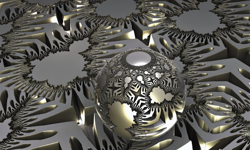 Обои абстракция, шар, метал, фрактал, 3д, 3d графика, фоновые рисунки, abstraction, ball, metal, fractal, 3d, 3d graphics, wallpapers разрешение 3480x2610 Загрузить