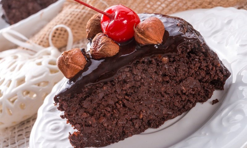 Обои орехи, вишня, шоколад, сладкое, торт, кусочек, nuts, cherry, chocolate, sweet, cake, piece разрешение 5500x3671 Загрузить