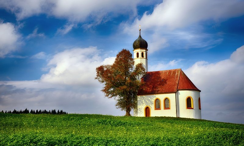 Обои дерево, пейзаж, церковь, холм, баварии, tree, landscape, church, hill, bavaria разрешение 7355x4907 Загрузить
