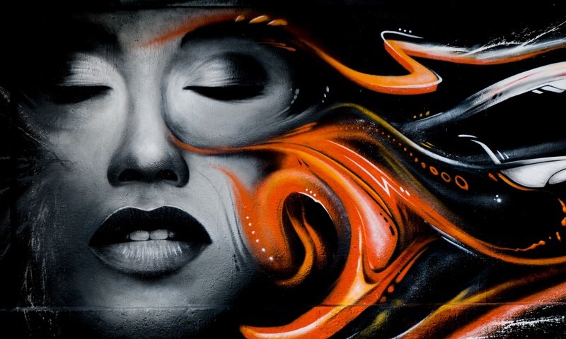 Обои рисунок, девушка, стена, губы, лицо, граффити, закрытые глаза, figure, girl, wall, lips, face, graffiti, closed eyes разрешение 1920x1080 Загрузить