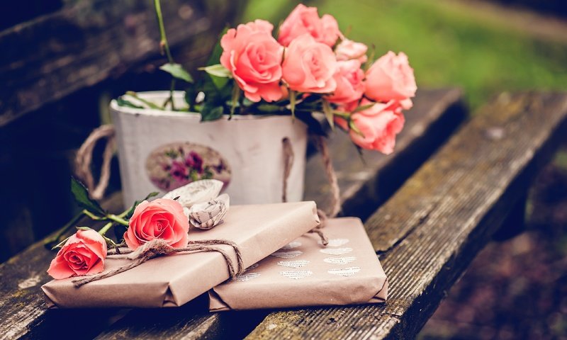 Обои цветы, розы, скамейка, подарок, flowers, roses, bench, gift разрешение 3730x2482 Загрузить