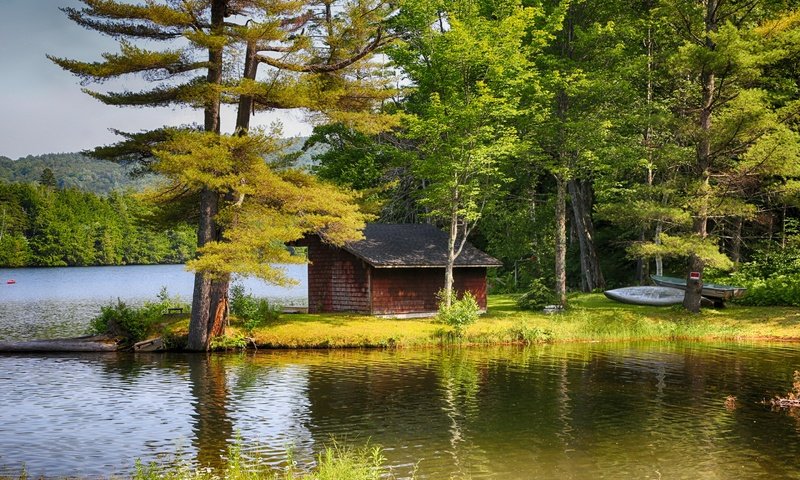 Обои деревья, озеро, пейзаж, осень, лодка, дом, trees, lake, landscape, autumn, boat, house разрешение 2880x1920 Загрузить