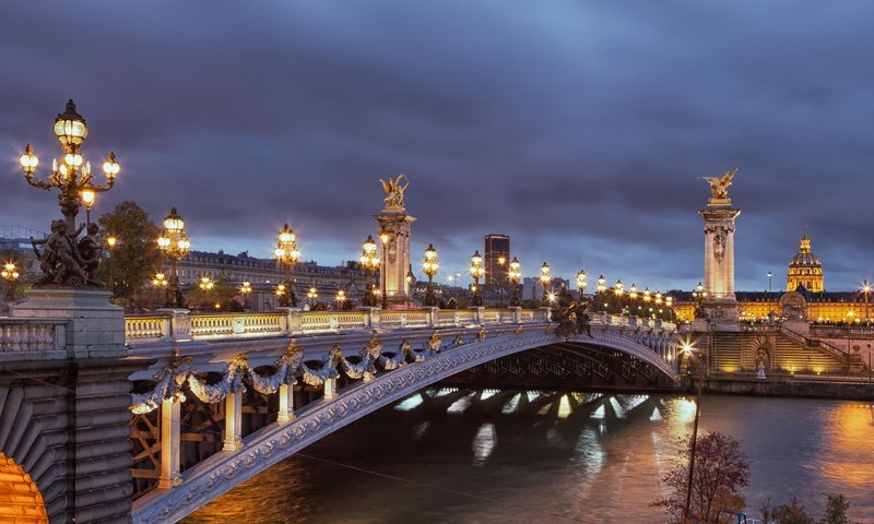 Обои ночь, огни, мост, город, париж, франция, night, lights, bridge, the city, paris, france разрешение 1920x1200 Загрузить