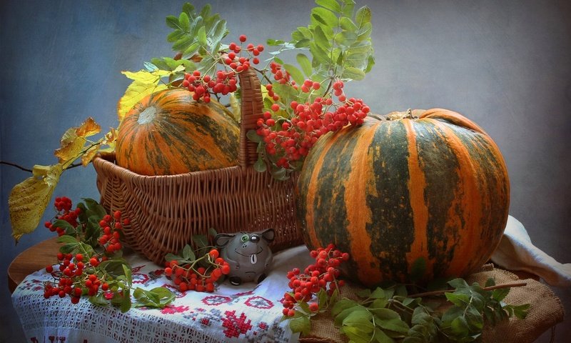 Обои осень, овощи, тыква, натюрморт, рябина, мышонок, фигурка, autumn, vegetables, pumpkin, still life, rowan, mouse, figure разрешение 2000x1320 Загрузить