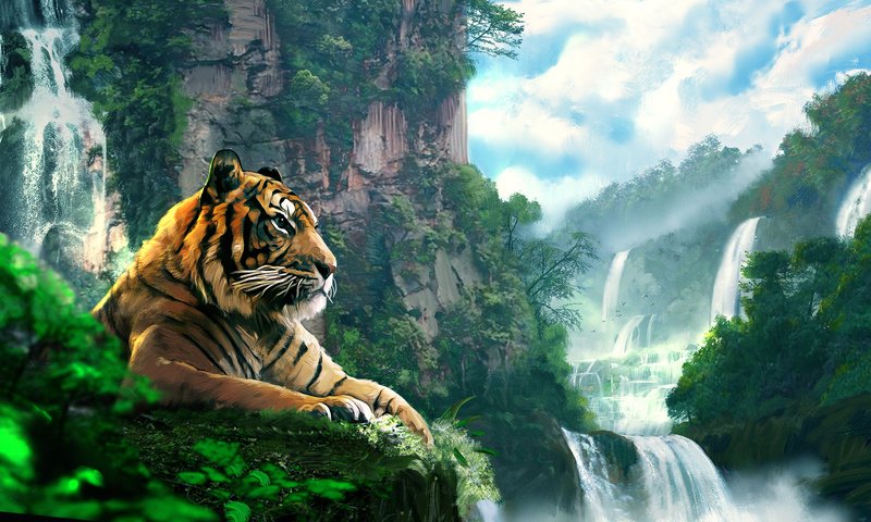 Обои тигр, арт, лес, пейзаж, гора, водопад, tiger, art, forest, landscape, mountain, waterfall разрешение 2500x1516 Загрузить