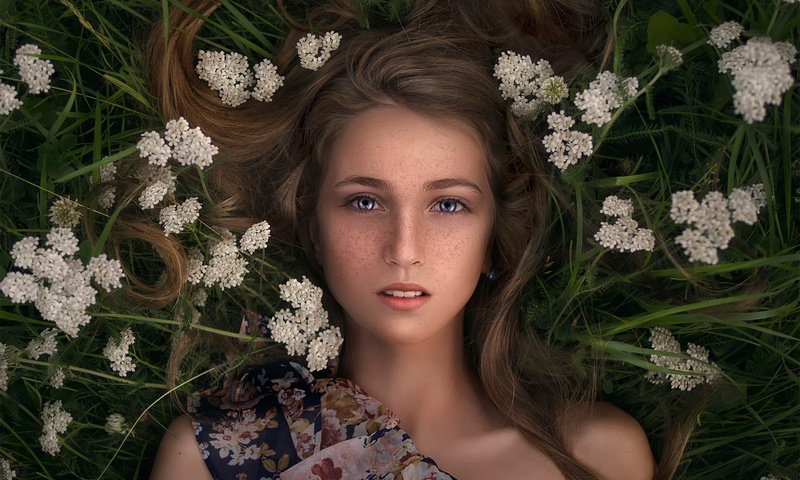 Обои цветы, трава, девушка, лежит, вгляд, веснушки, katie melman, flowers, grass, girl, lies, peer, freckles разрешение 2048x1504 Загрузить