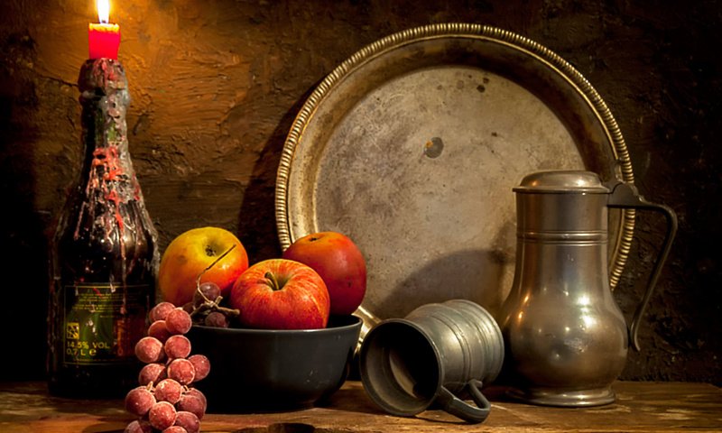 Обои виноград, яблоки, свеча, кувшин, гроздь, натюрморт, блюдо, an image of the past, grapes, apples, candle, pitcher, bunch, still life, dish разрешение 2048x1677 Загрузить
