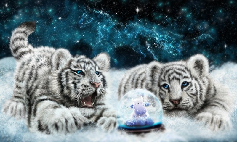 Обои тигр, арт, снег, белые, тигрята, 3д, белый тигр, детеныши, tiger, art, snow, white, the cubs, 3d, white tiger, cubs разрешение 2560x1440 Загрузить