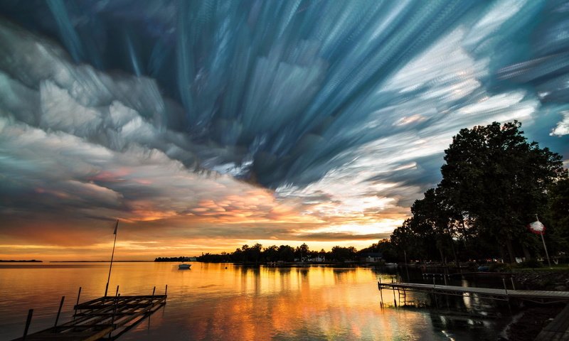 Обои небо, облака, вода, озеро, закат, причал, the sky, clouds, water, lake, sunset, pier разрешение 2048x1365 Загрузить