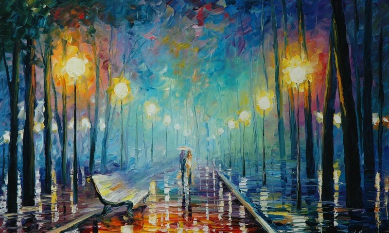 Обои свет, лавочка, фонари, leonid afremov, листья, осень, дождь, пара, зонтик, живопись, light, shop, lights, leaves, autumn, rain, pair, umbrella, painting разрешение 2816x1848 Загрузить