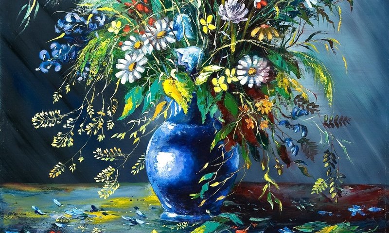 Обои цветы, картина, лепестки, ваза, живопись, осыпаются, flowers, picture, petals, vase, painting, crumble разрешение 2172x1392 Загрузить