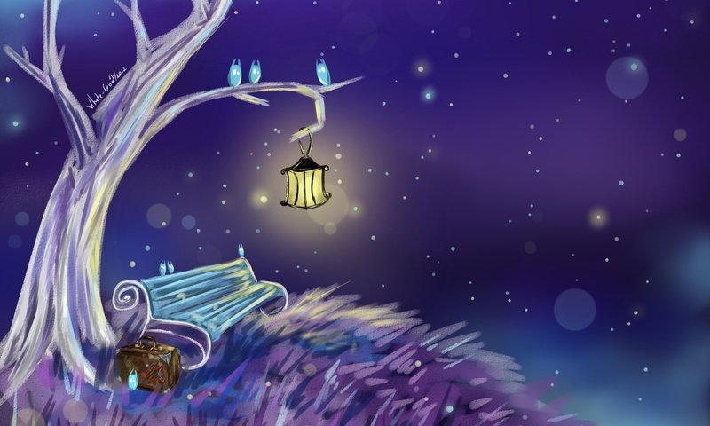 Обои свет, ночь, дерево, фонарь, скамейка, живопись, чемодан, light, night, tree, lantern, bench, painting, suitcase разрешение 1984x1417 Загрузить