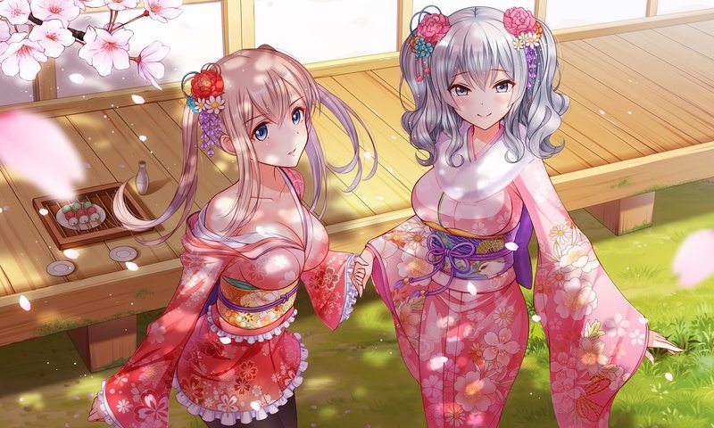 Обои цветы, аниме, девушки, кимоно, anime girls, kantai collection, kashima, graf zeppelin, kancolle, flowers, anime, girls, kimono разрешение 2500x1768 Загрузить