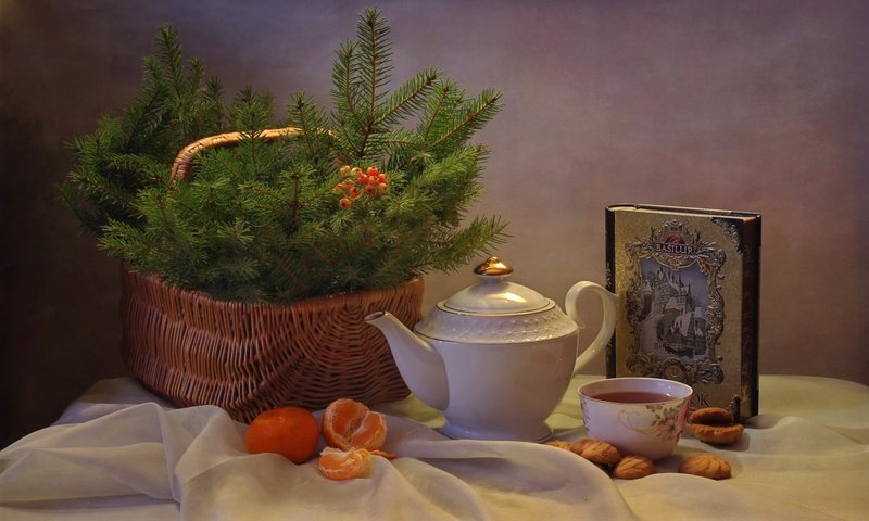 Обои елка, настроение, корзина, чай, печенье, мандарины, tree, mood, basket, tea, cookies, tangerines разрешение 2100x1285 Загрузить