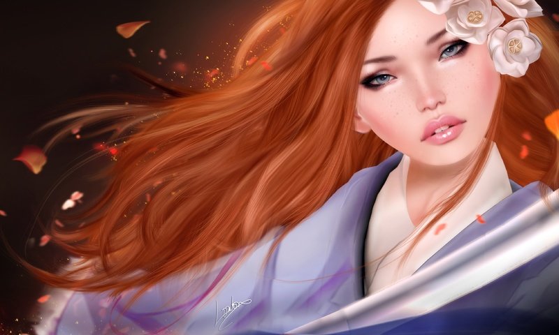 Обои арт, девушка, портрет, взгляд, рыжая, волосы, лицо, art, girl, portrait, look, red, hair, face разрешение 4800x2250 Загрузить