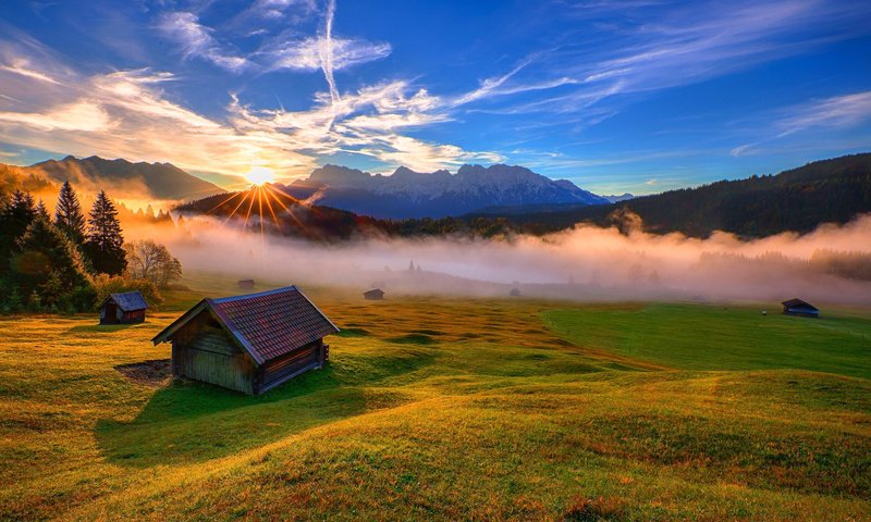 Обои горы, восход, луг, валлпапер, fog туман, mountains, sunrise, meadow, wallpaper, fog mist разрешение 2048x1365 Загрузить