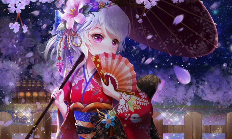 Обои цветение, аниме, зонт, сакура, кимоно, веер, юката, flowering, anime, umbrella, sakura, kimono, fan, yukata разрешение 2079x1605 Загрузить