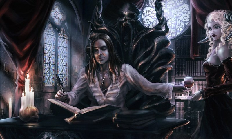 Обои арт, девушка, фэнтези, готика, мужчина, маг, книга, art, girl, fantasy, gothic, male, mag, book разрешение 1920x1200 Загрузить