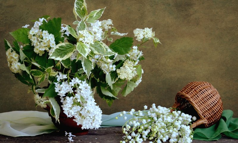 Обои белый, букет, корзина, сирень, ландыш, white, bouquet, basket, lilac, lily of the valley разрешение 2400x1664 Загрузить