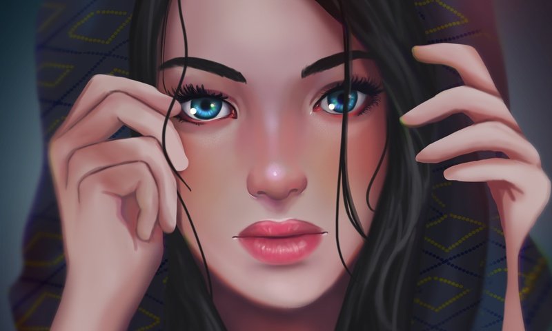 Обои глаза, арт, девушка, взгляд, волосы, лицо, руки, капюшон, eyes, art, girl, look, hair, face, hands, hood разрешение 4891x2855 Загрузить