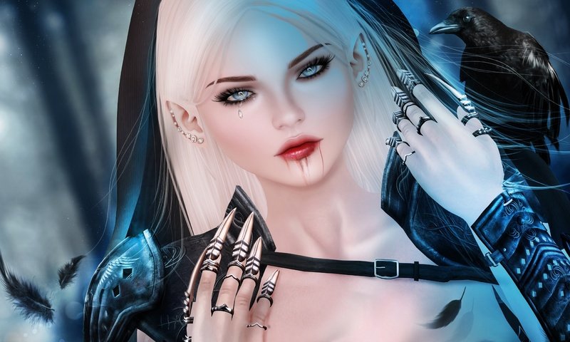 Обои девушка, блондинка, кровь, ворон, эльф, слеза, краги, girl, blonde, blood, raven, elf, tear, leggings разрешение 3000x1663 Загрузить