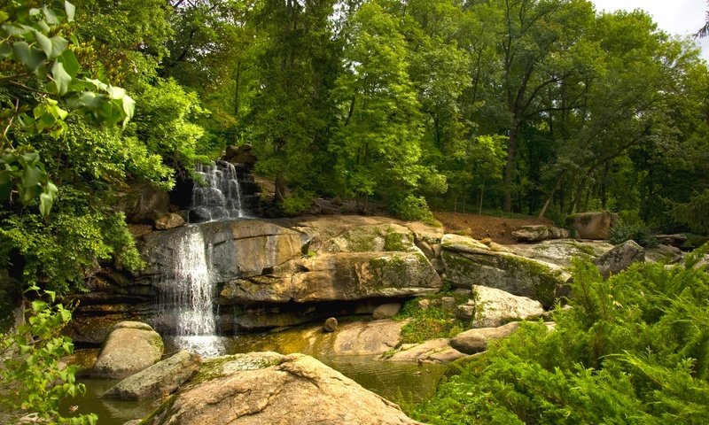 Обои деревья, вода, камни, парк, водопад, поток, trees, water, stones, park, waterfall, stream разрешение 2400x1565 Загрузить